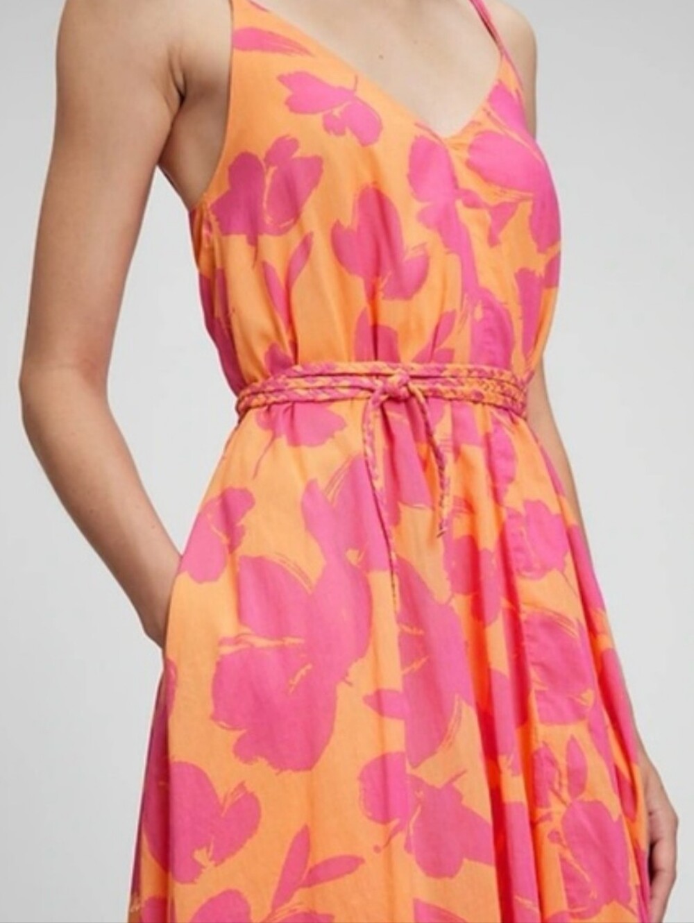 GAP Orange and Pink Floral Print  V-Neck Braided-Waist Maxi Dress